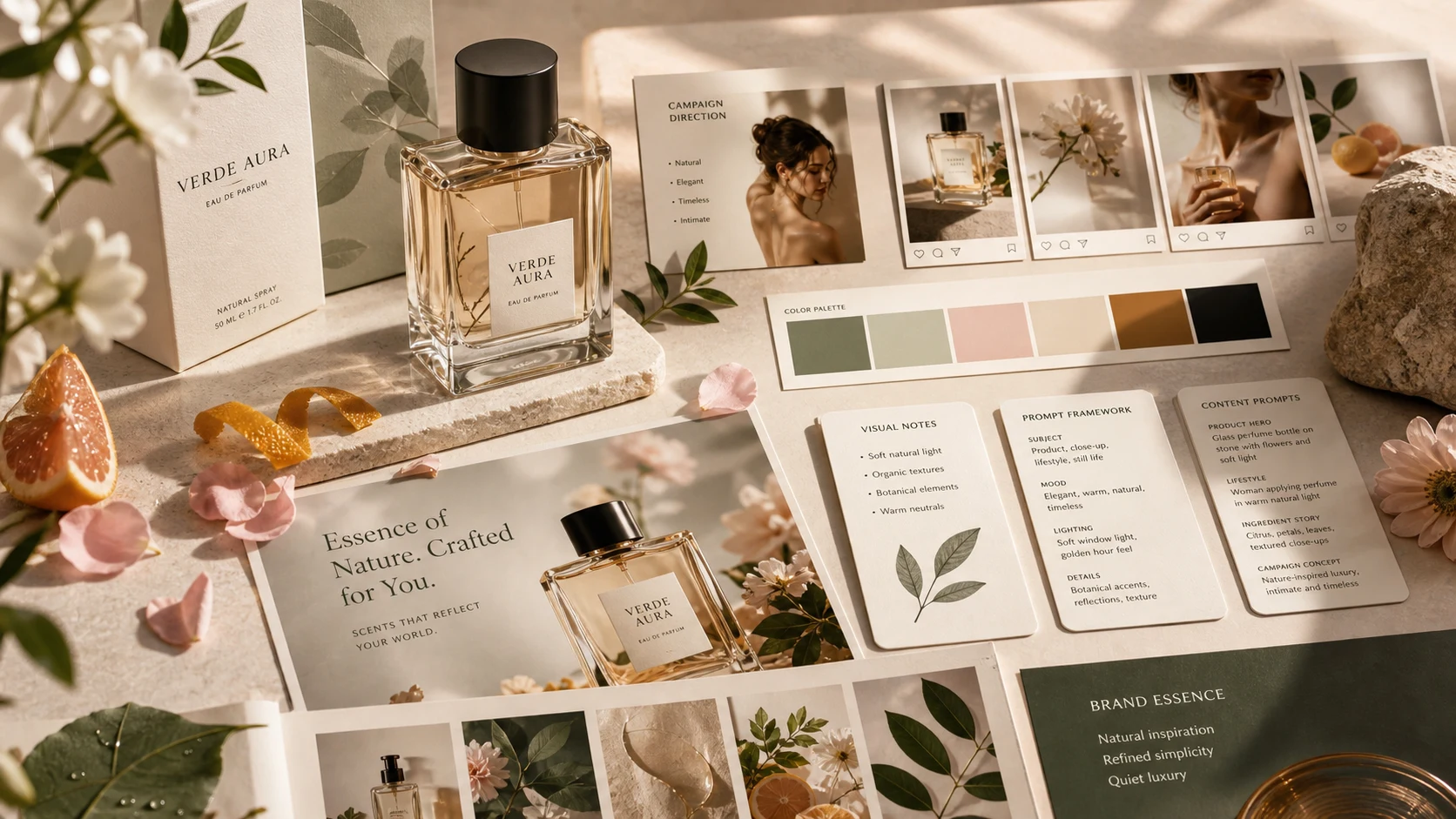 Premium fragrance campaign board showing product photography, brand prompts, color rules, and social formats