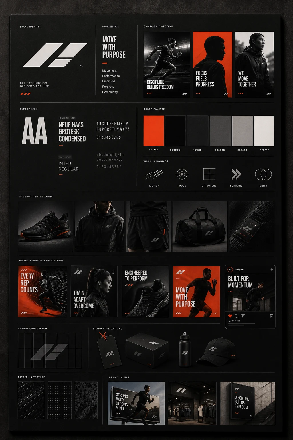 Brand identity board showing typography, campaign direction, product photography, social layouts, and brand applications