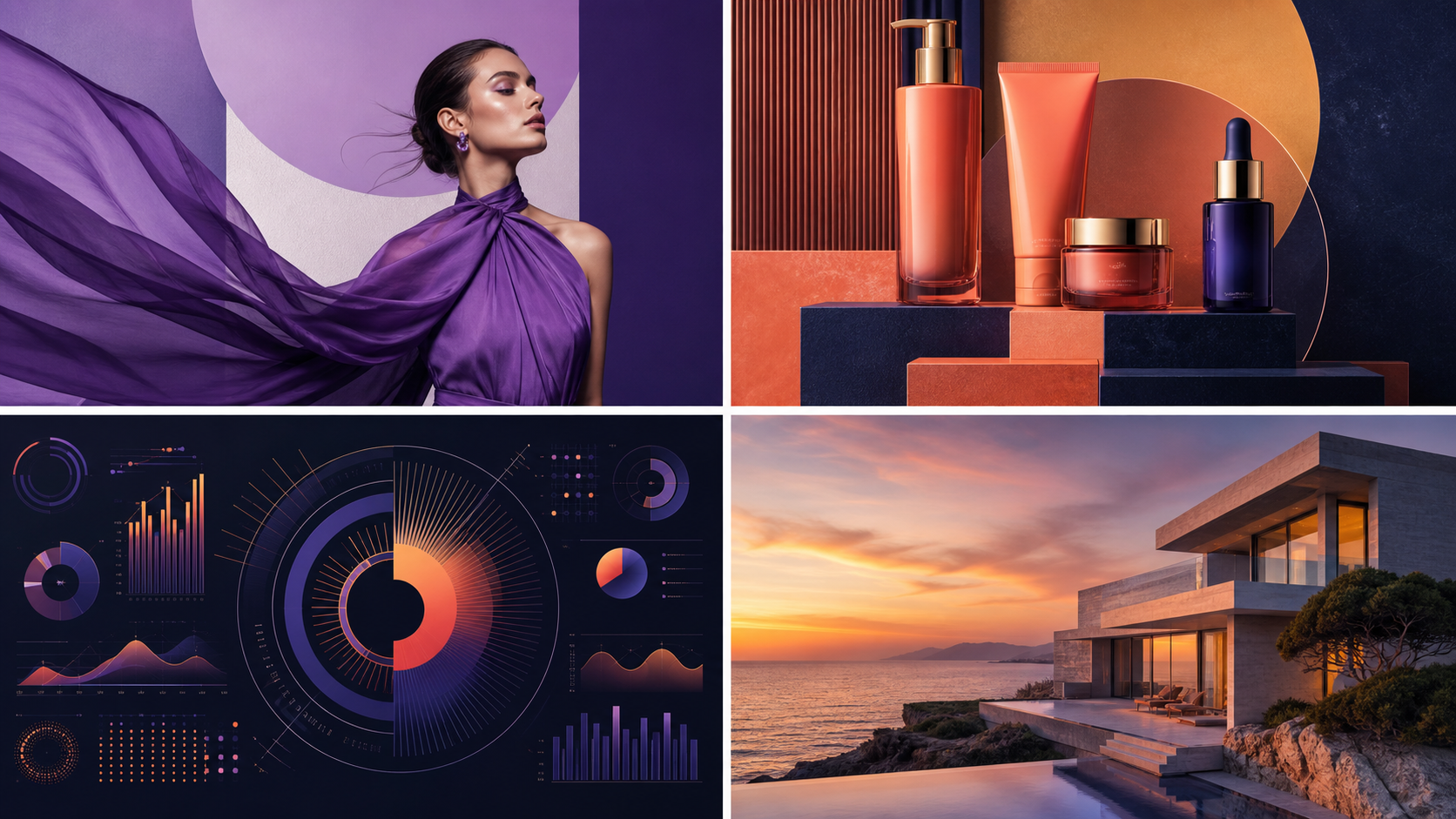 Four Seedream prompt case studies showing fashion, product, infographic, and architecture images