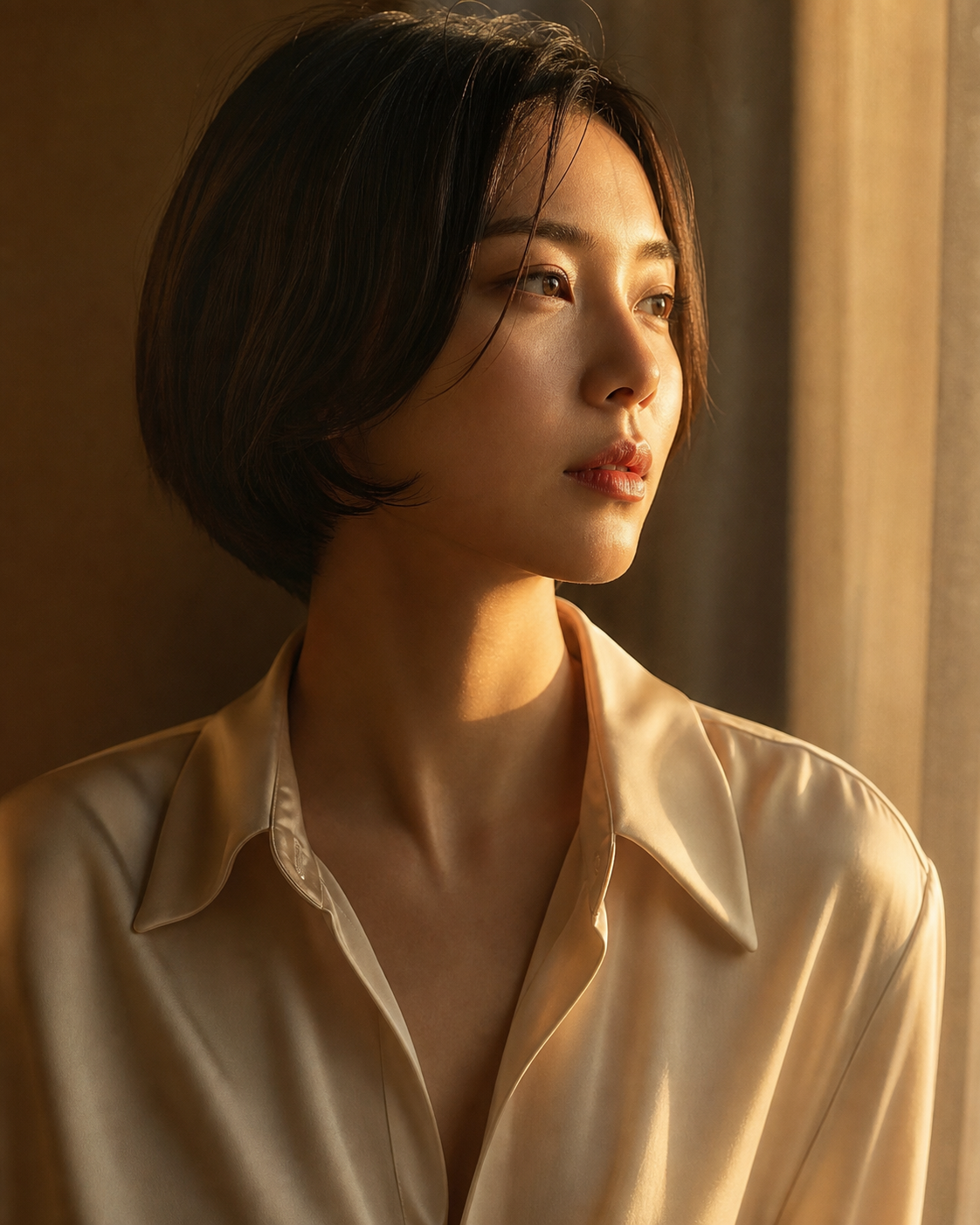 Original cinematic portrait of a woman in warm window light with shallow depth of field