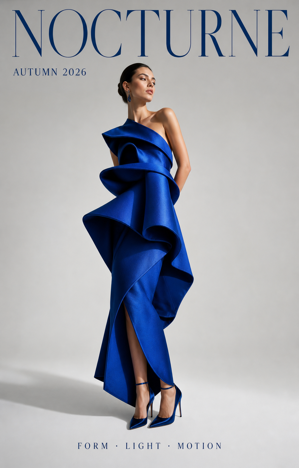 Original NOCTURNE fashion poster with a model in cobalt couture and readable campaign text
