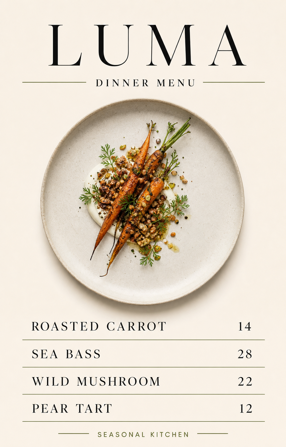 Original LUMA dinner menu poster with readable dishes, prices, and plated carrots